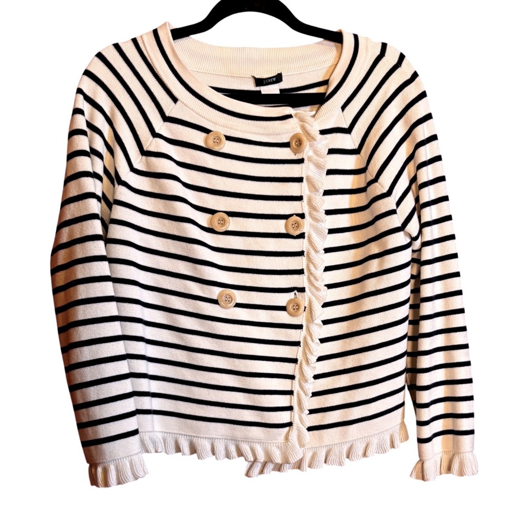 J.Crew Cardigan Women M Ivory Navy Blue Good Ruffle Striped Nautical Sweater